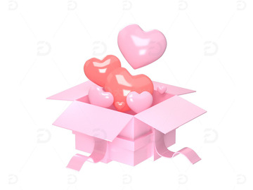 C4D少女粉立体爱心礼盒3d