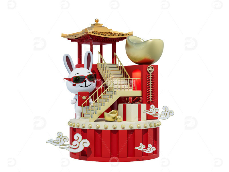 源文件下载【趣麦麦图】C4D红色国风新年创意组合小场景