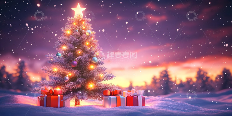 高清大图下载【趣麦麦图】冬季夕阳圣诞节雪地场景