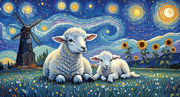 手绘星空草地风车绵羊