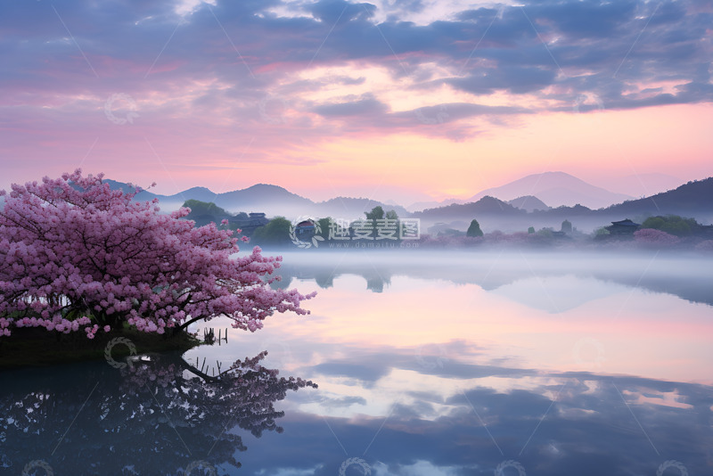 高清大图下载【趣麦麦图】岸边的樱花树与远山美景