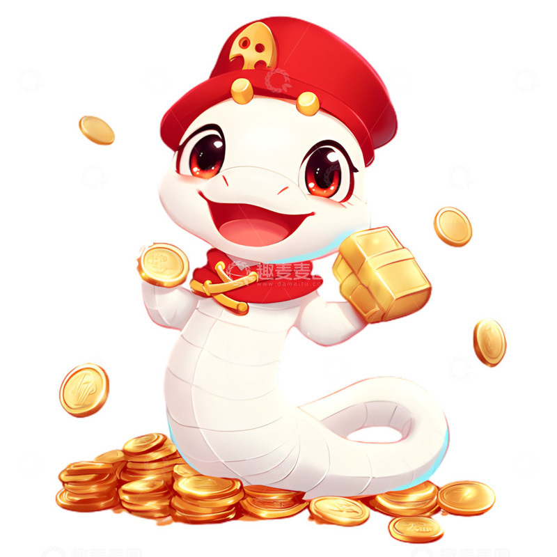 高清大图下载【趣麦麦图】红色帽子白色金币蛇形象