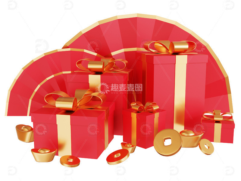 源文件下载【趣麦麦图】红色年货节金元宝金币礼物盒