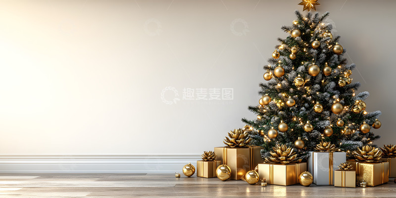 高清大图下载【趣麦麦图】室内圣诞树金色礼物