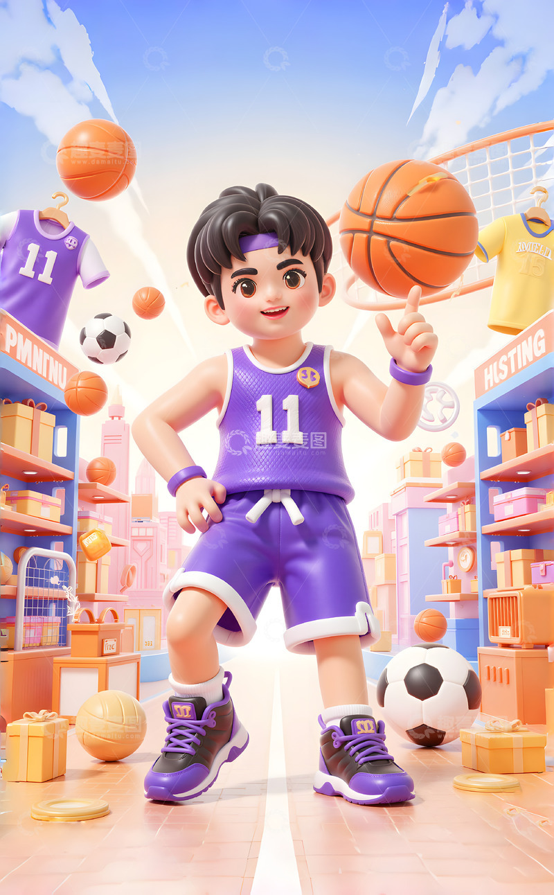 高清大图下载【趣麦麦图】购物节体育用品专场3D卡通背景