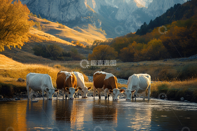高清大图下载【趣麦麦图】湖泊边喝水的牛群