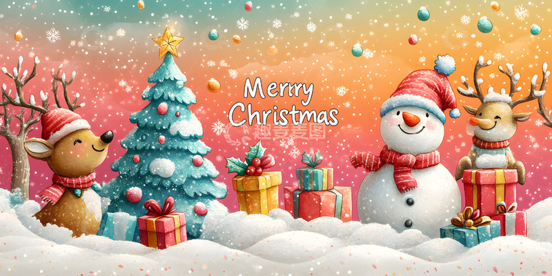 高清大图下载【趣麦麦图】彩色背景雪人圣诞树