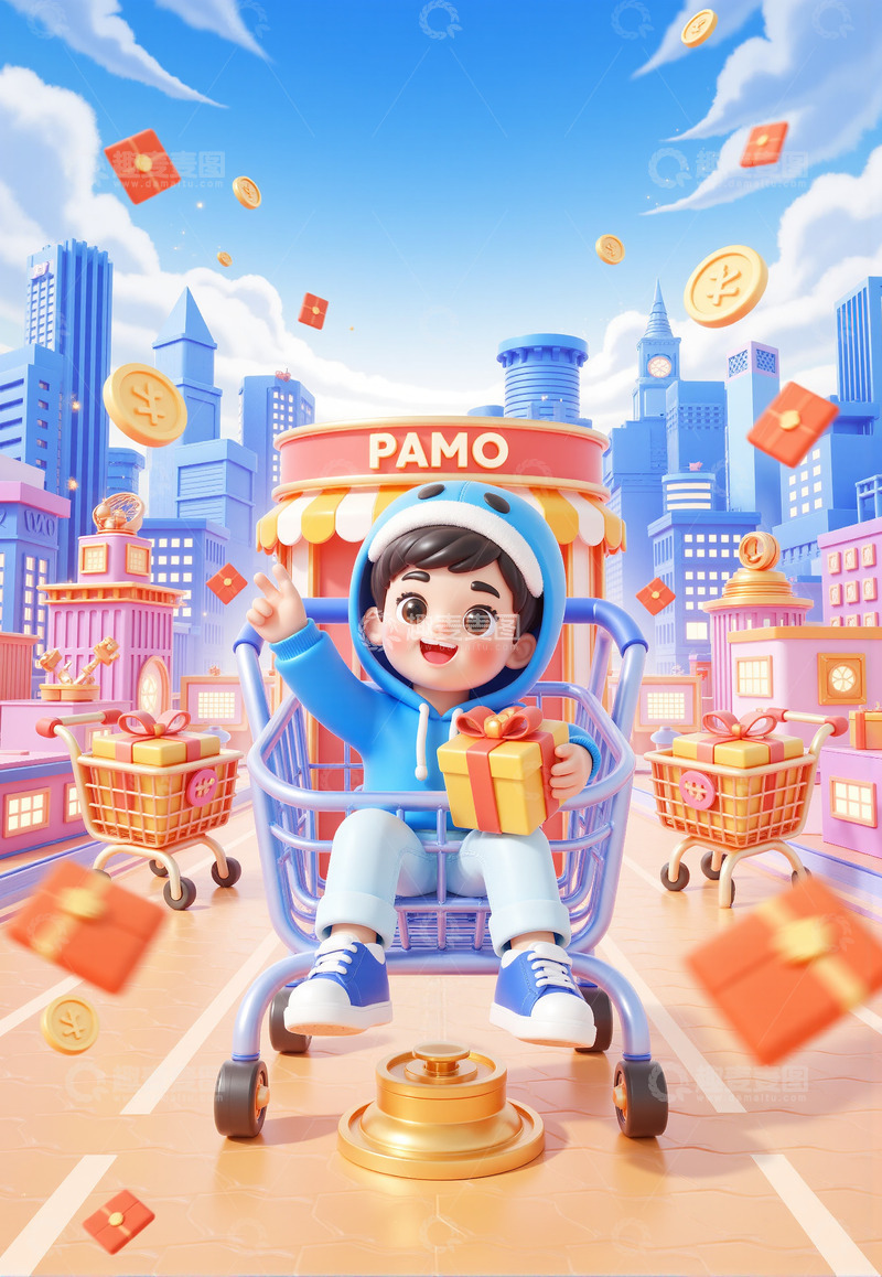 高清大图下载【趣麦麦图】购物车里的小男孩电商3D背景图