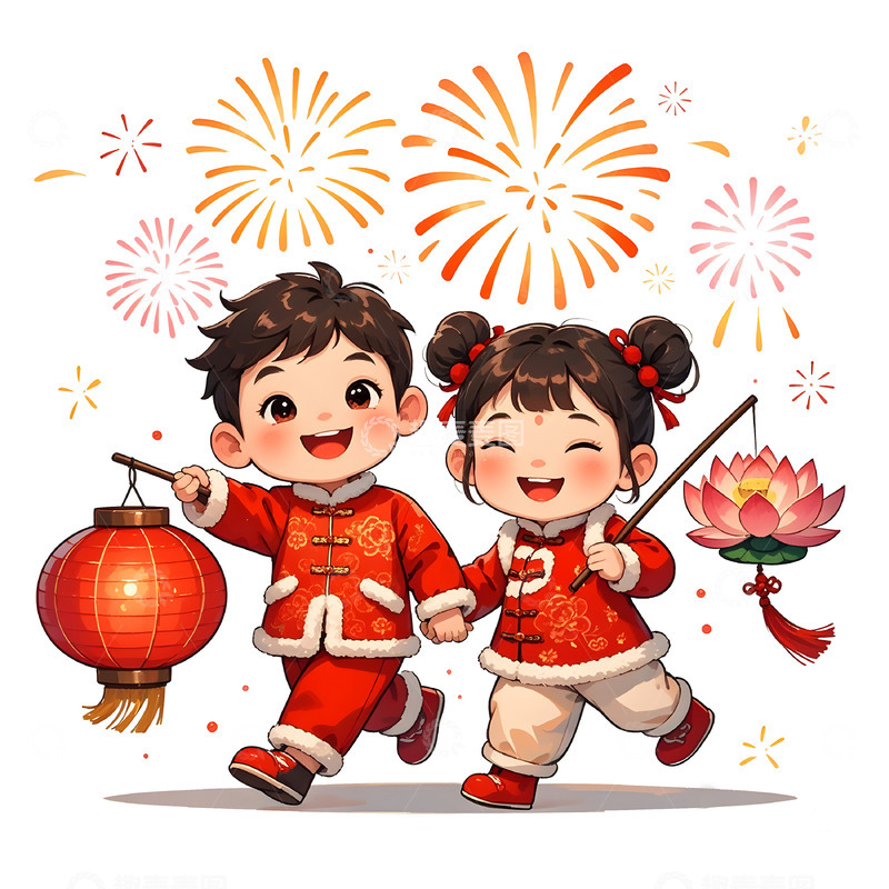 高清大图下载【趣麦麦图】春节元宵节手拿灯笼玩耍的卡通小孩素材