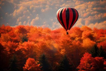 秋季枫树林上空的热气球