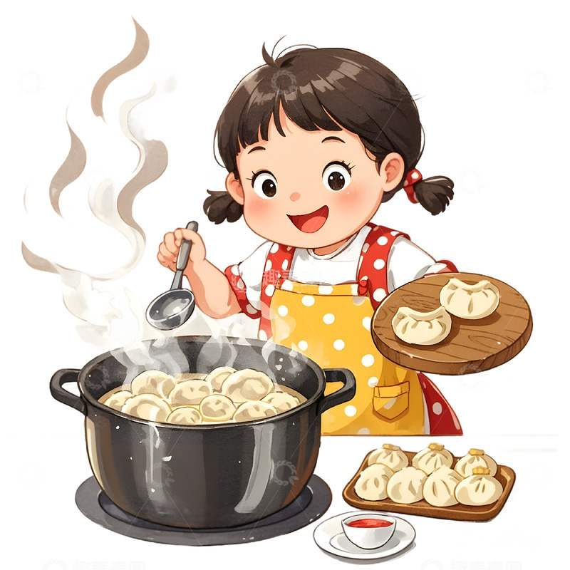 高清大图下载【趣麦麦图】煮饺子的卡通女孩素材