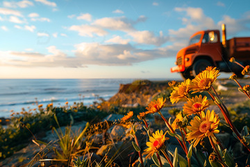 大海边的雏菊和大卡车
