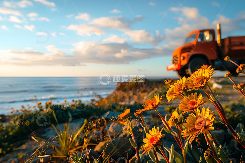 大海边的雏菊和大卡车