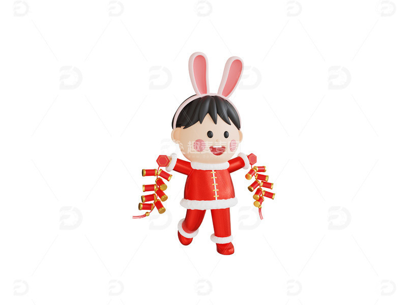 源文件下载【趣麦麦图】-福娃红色喜庆开心女孩手拿鞭炮