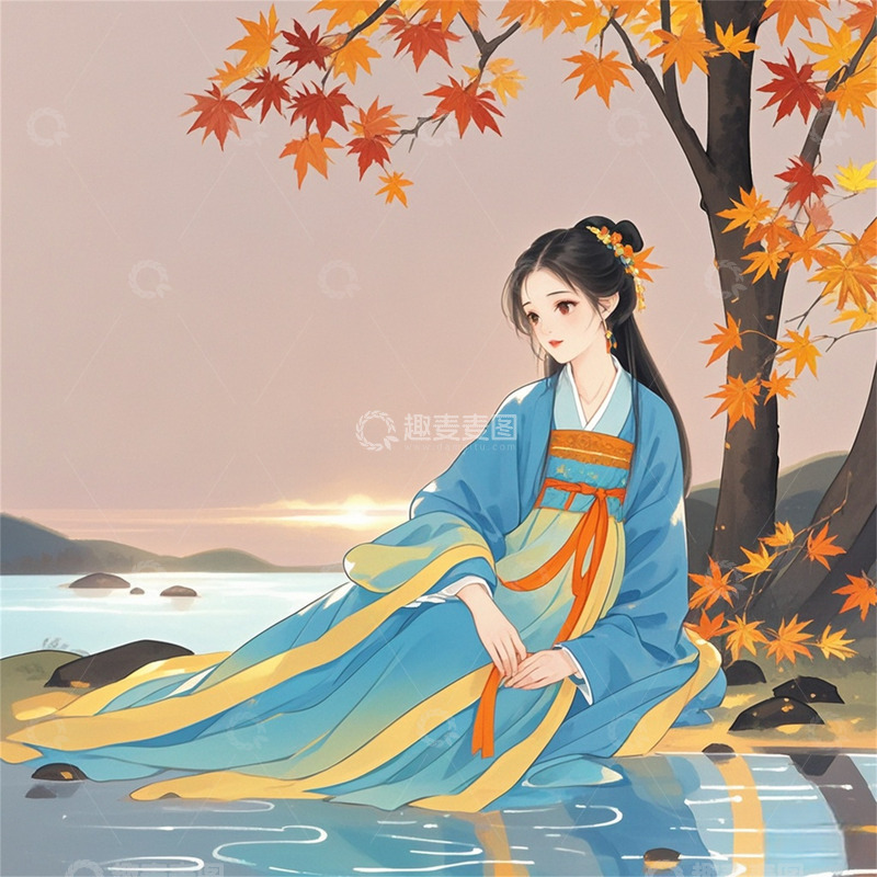 高清大图下载【趣麦麦图】中国风古风美女卧树背景唯美