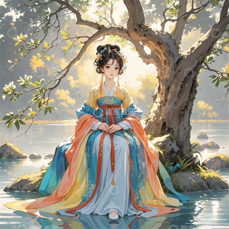 高清大图下载【趣麦麦图】古风锦缎少女欣赏美景图