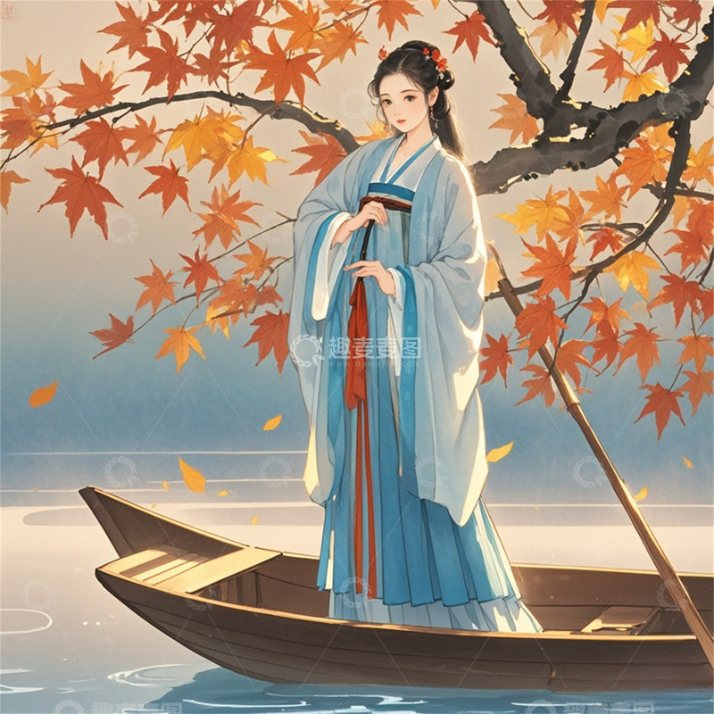 高清大图下载【趣麦麦图】中国风古风美女撑船扁平枫叶唯美背景