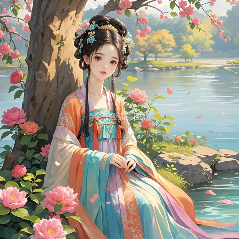 高清大图下载【趣麦麦图】古风锦绣纱衣美女临河图