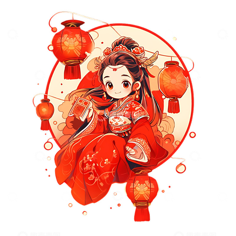 高清大图下载【趣麦麦图】手绘古风女孩穿嫁衣红灯笼
