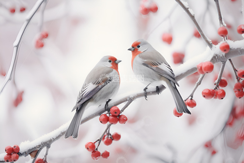高清大图下载【趣麦麦图】冬季站在红果树枝上的鸟雀