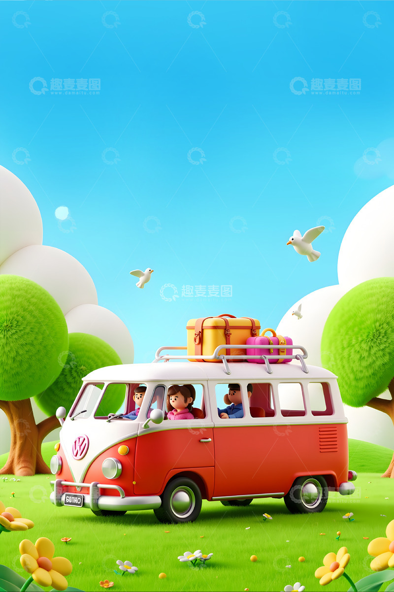 3D卡通风格旅行大巴出游场景素材