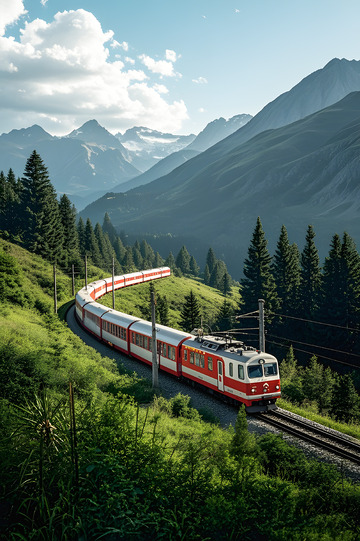 火车在山川树林中穿行摄影图