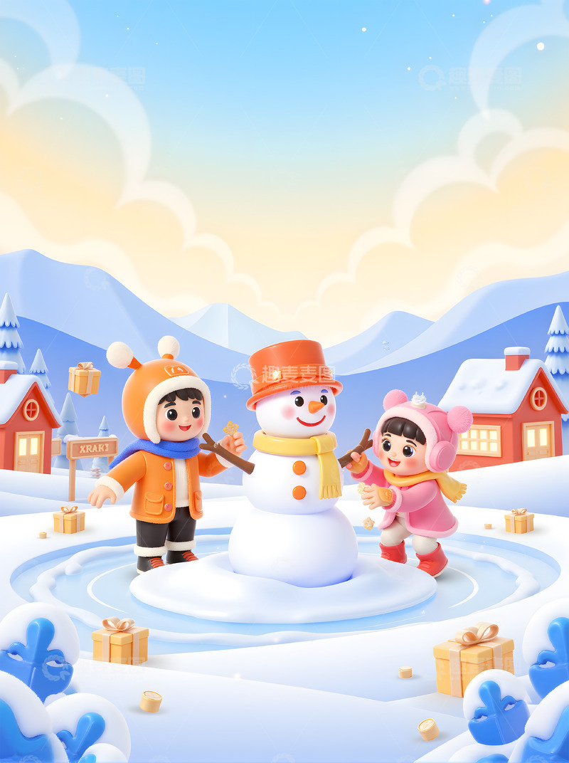 高清大图下载【趣麦麦图】冬季雪人大雪小雪卡通3D背景
