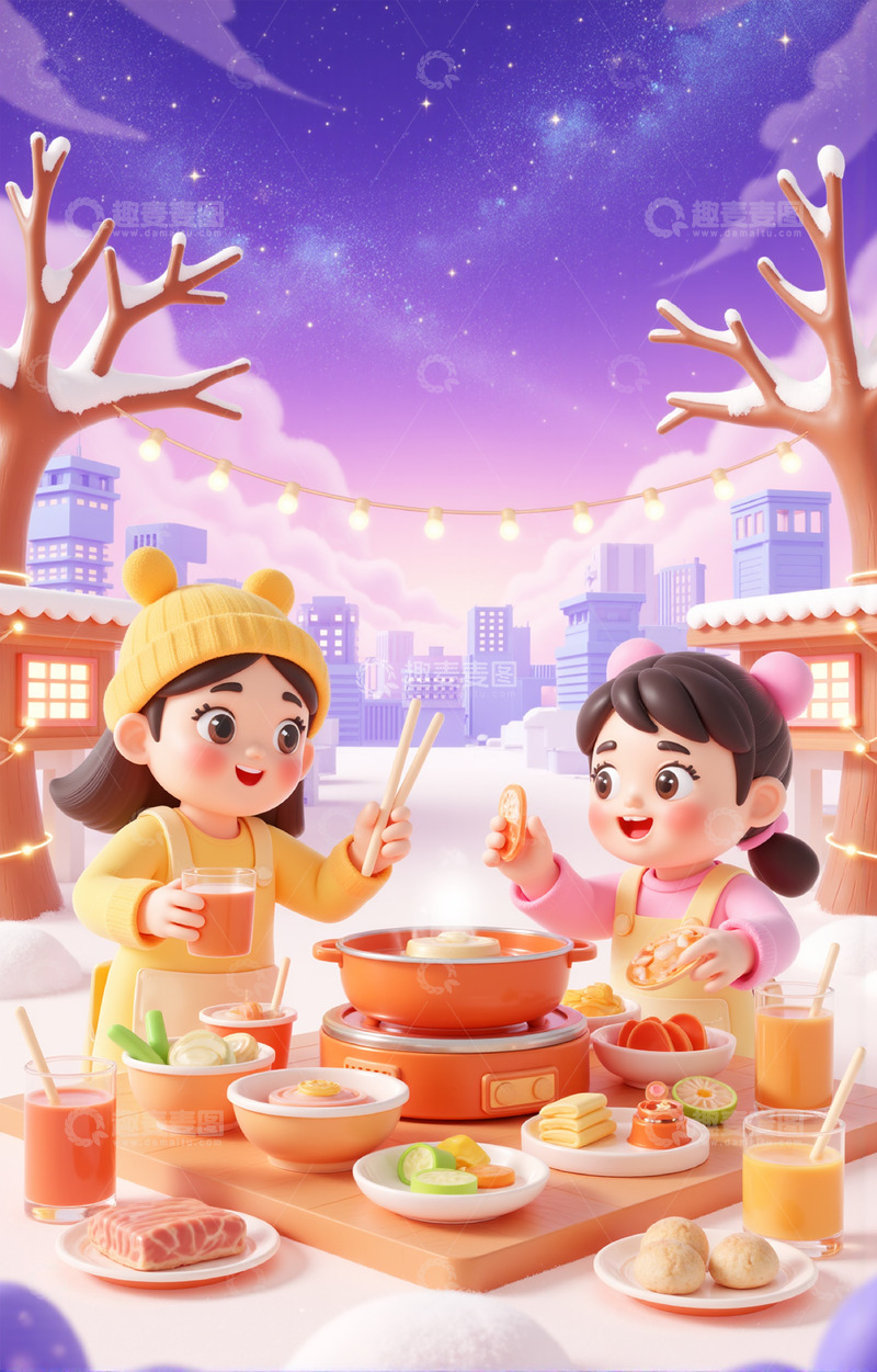 高清大图下载【趣麦麦图】雪地场景3D卡通人物在冬季吃火锅背景