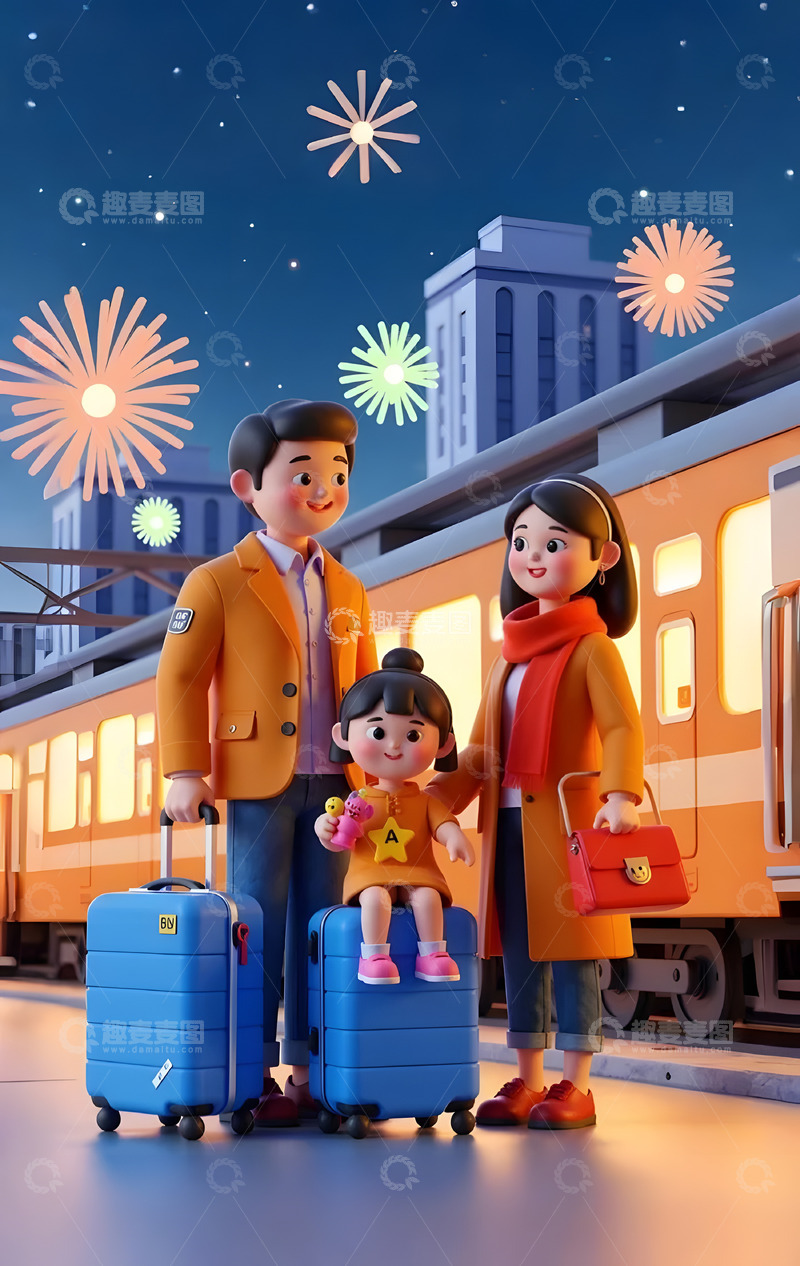 高清大图下载【趣麦麦图】3D卡通春运回家过年卡通背景