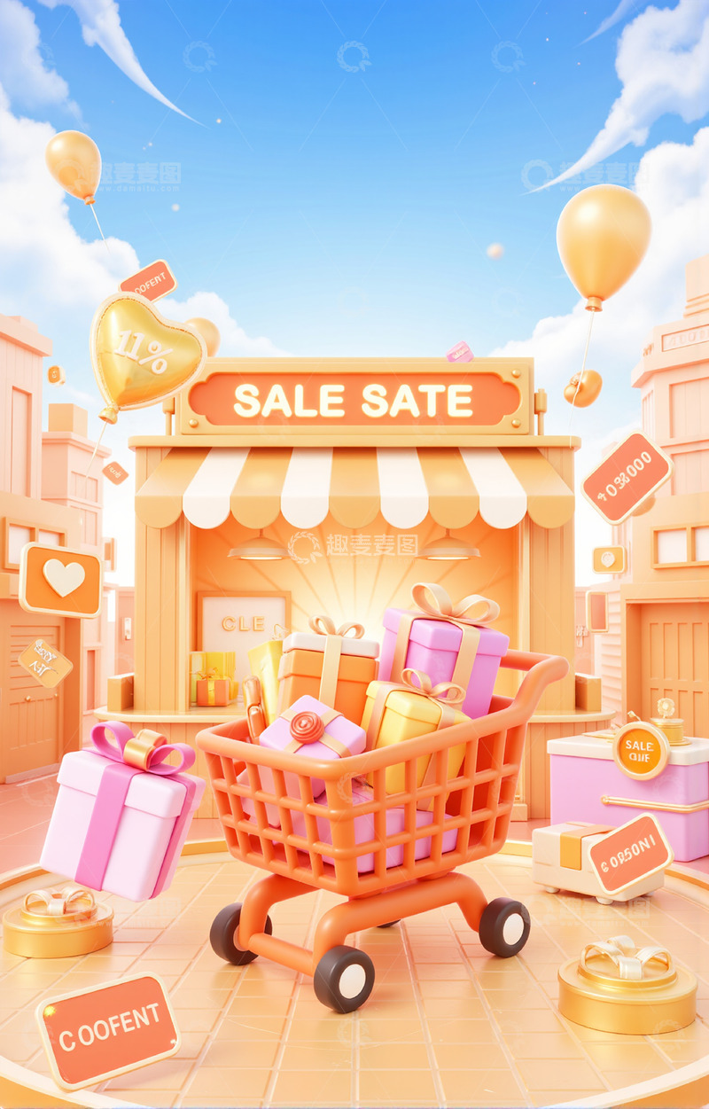 高清大图下载【趣麦麦图】购物车礼品盒电商3D卡通背景