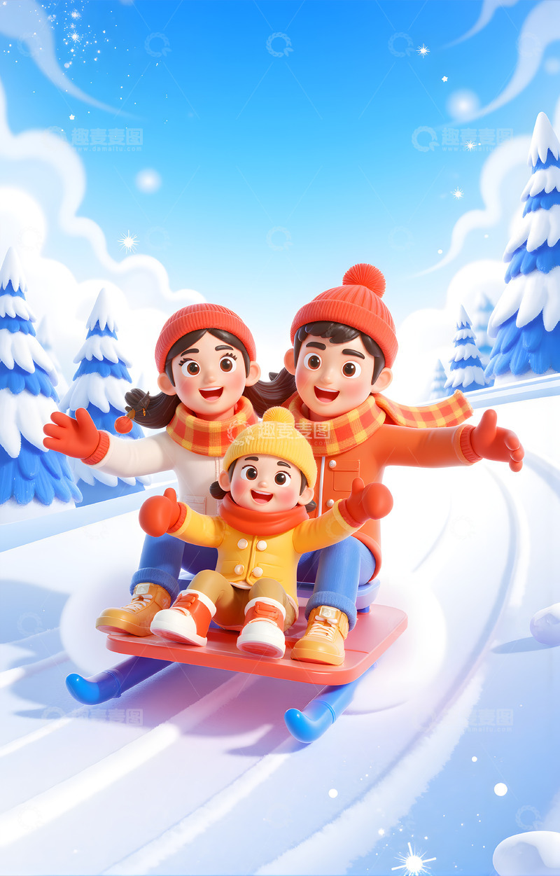 高清大图下载【趣麦麦图】卡通3D人物坐雪撬卡通背景