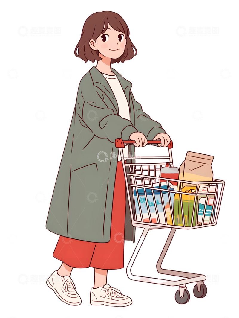 高清大图下载【趣麦麦图】推着购物车的女士