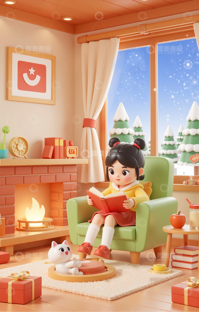 高清大图下载【趣麦麦图】卡通3D小女孩壁炉前阅读背景