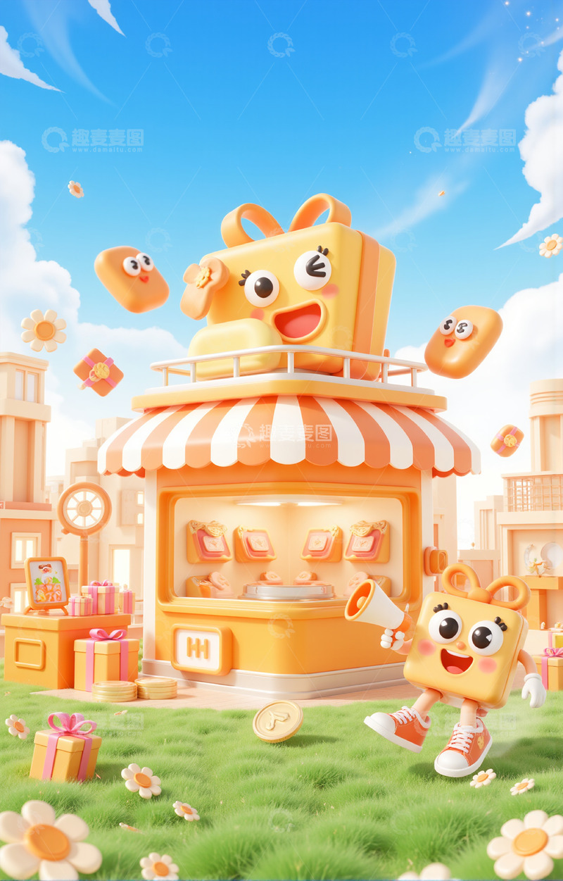 高清大图下载【趣麦麦图】3D卡通电商购物车背景