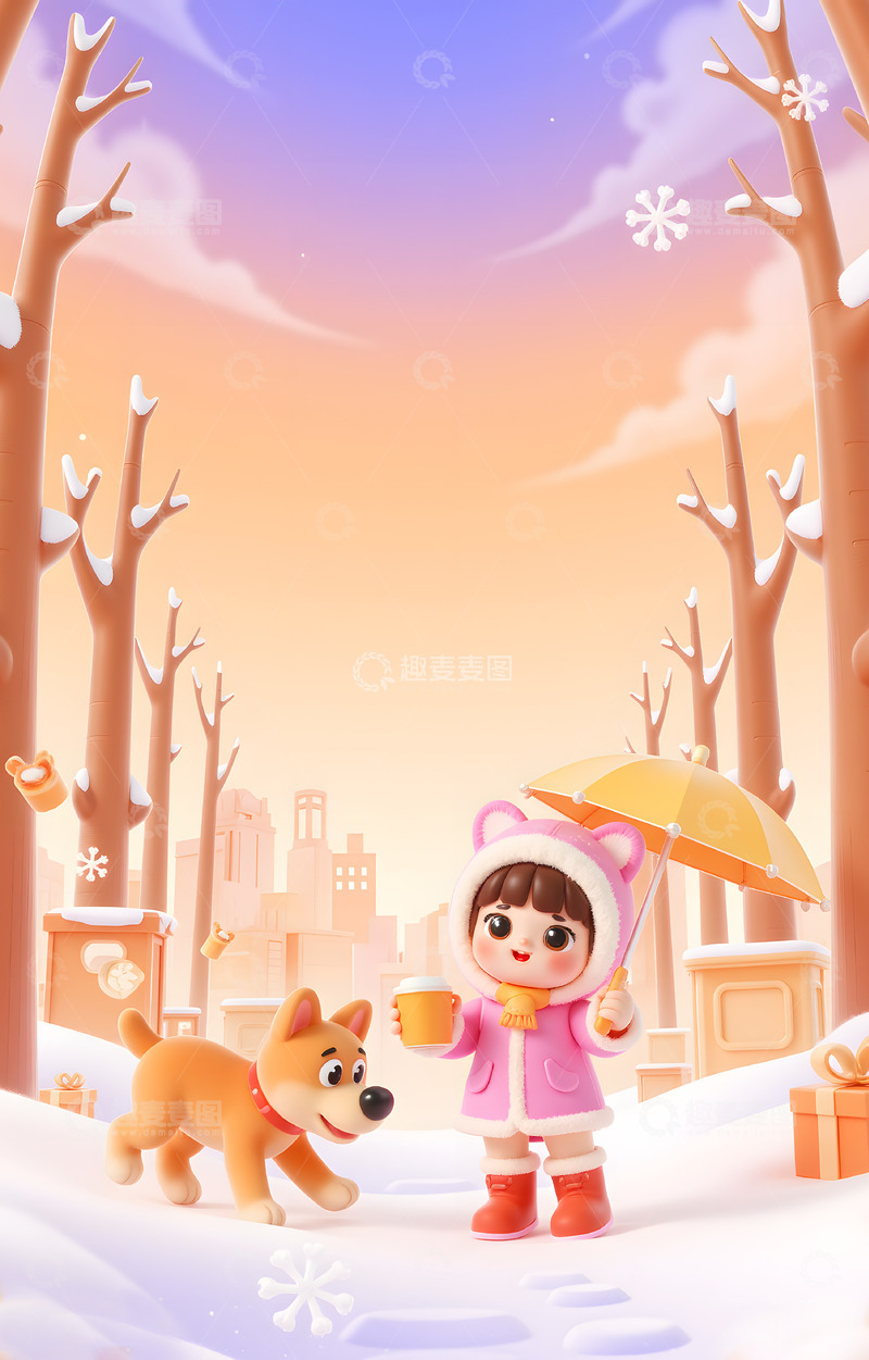 高清大图下载【趣麦麦图】手打黄伞的可爱3D小女孩卡通背景