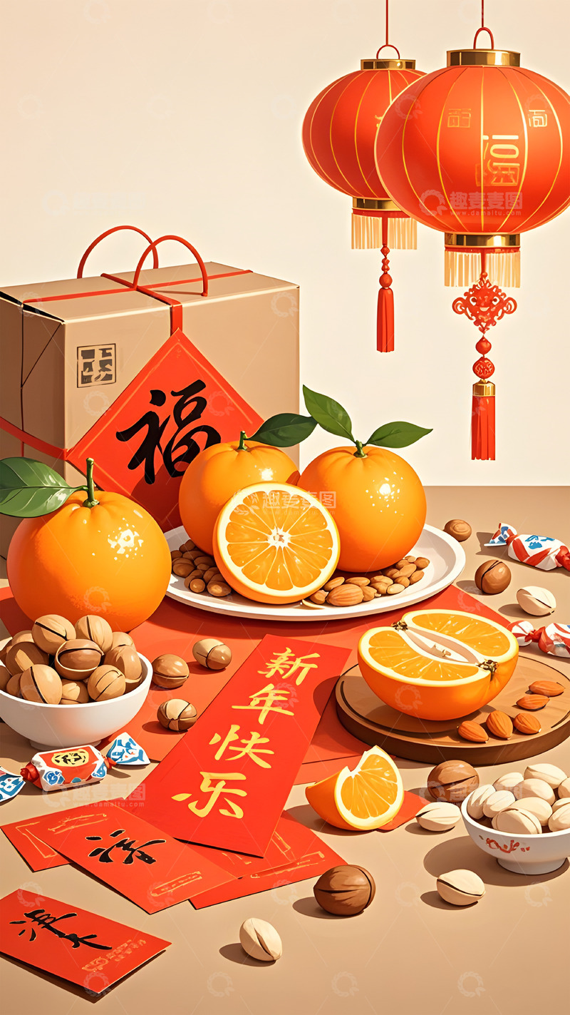 高清大图下载【趣麦麦图】春节桔子礼品坚果灯笼插画背景