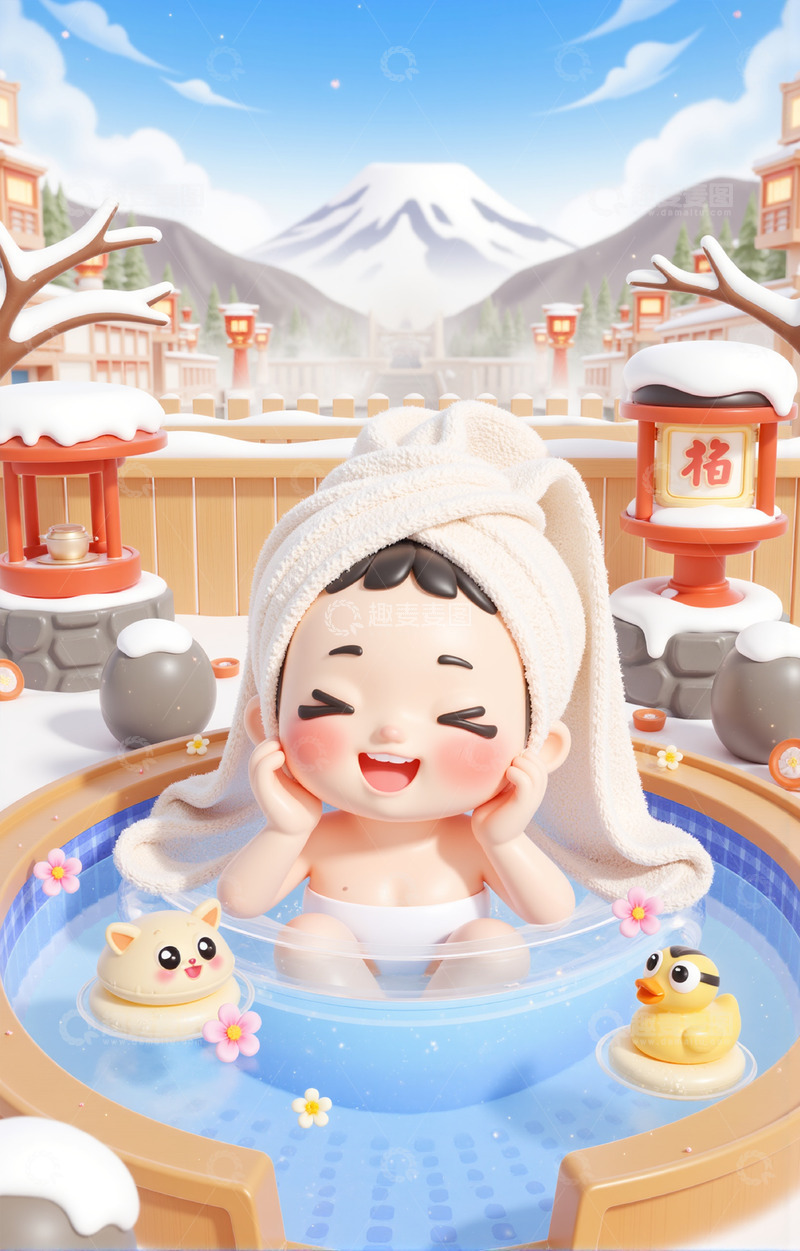 高清大图下载【趣麦麦图】冬季泡温泉的卡通3D人物背景