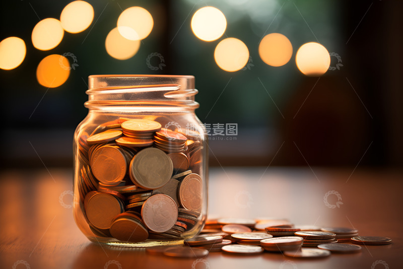 高清大图下载【趣麦麦图】一罐子硬币放在桌面上