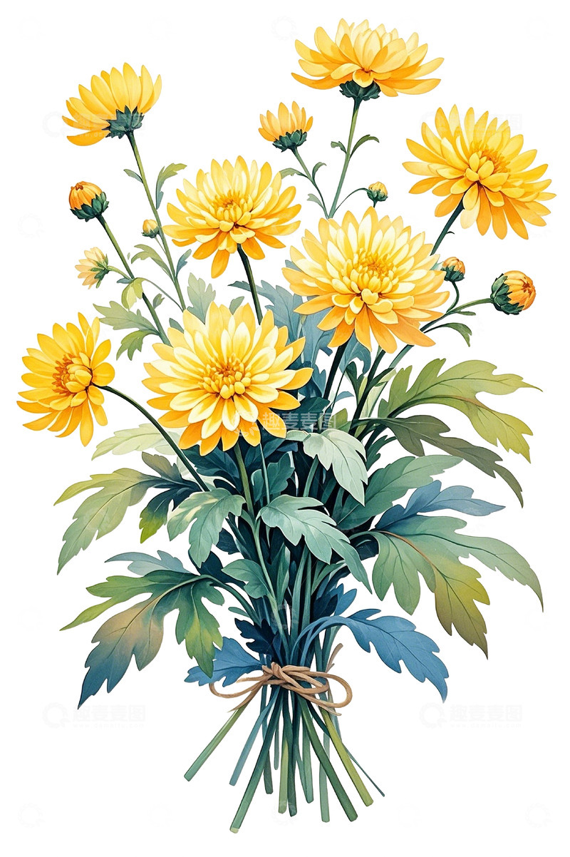 高清大图下载【趣麦麦图】菊花水彩插画