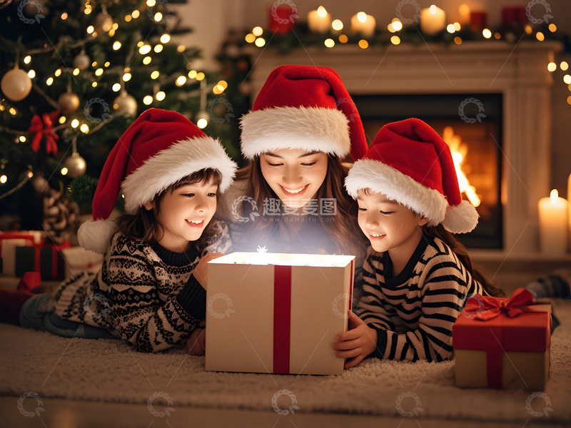 高清大图下载【趣麦麦图】圣诞节打开礼品盒时的摄影图