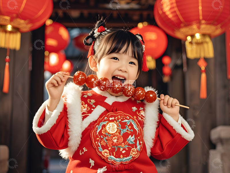 吃糖葫芦的可爱小女孩摄影图