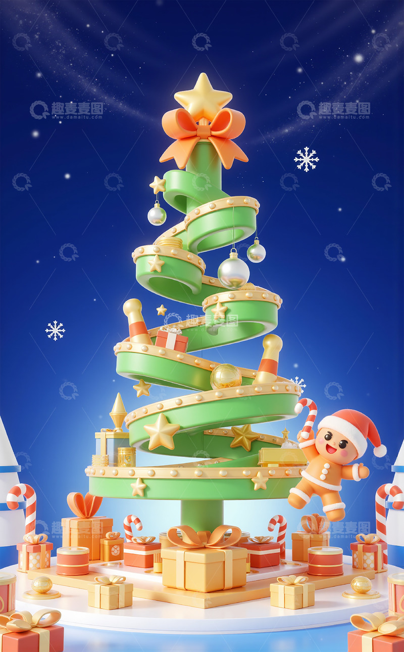 高清大图下载【趣麦麦图】圣诞节卡通3D圣诞树姜饼人背景