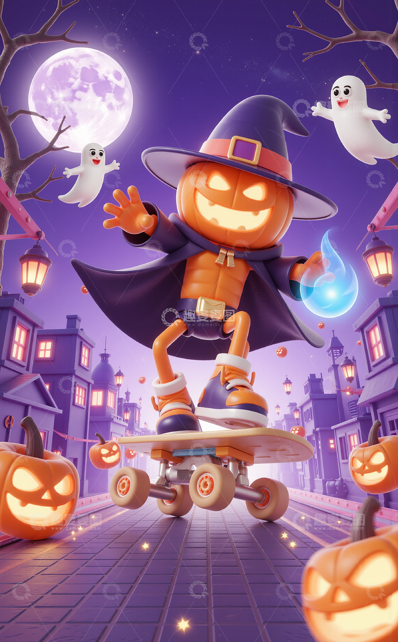 高清大图下载【趣麦麦图】万圣节滑滑板的南瓜人3D卡通背景