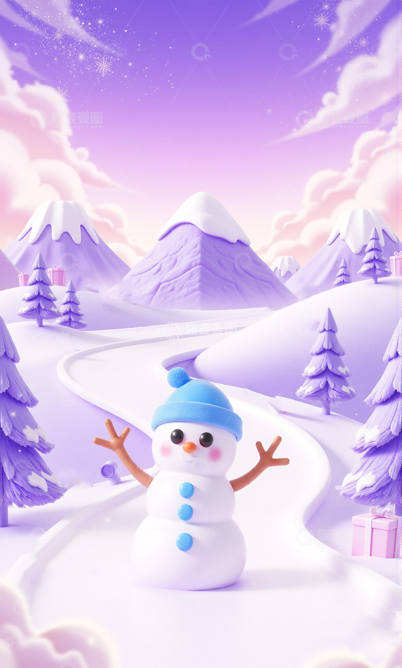 高清大图下载【趣麦麦图】冬季雪地雪人卡通3D背景