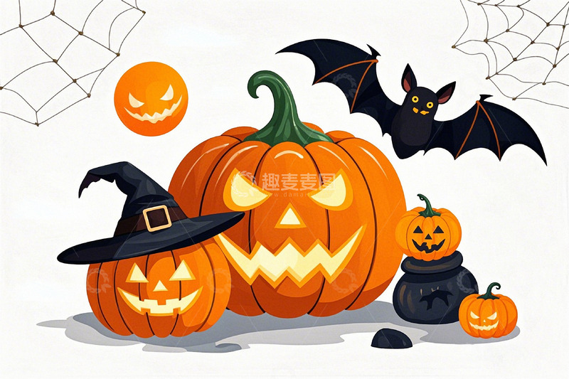 高清大图下载【趣麦麦图】万圣节南瓜蝙蝠