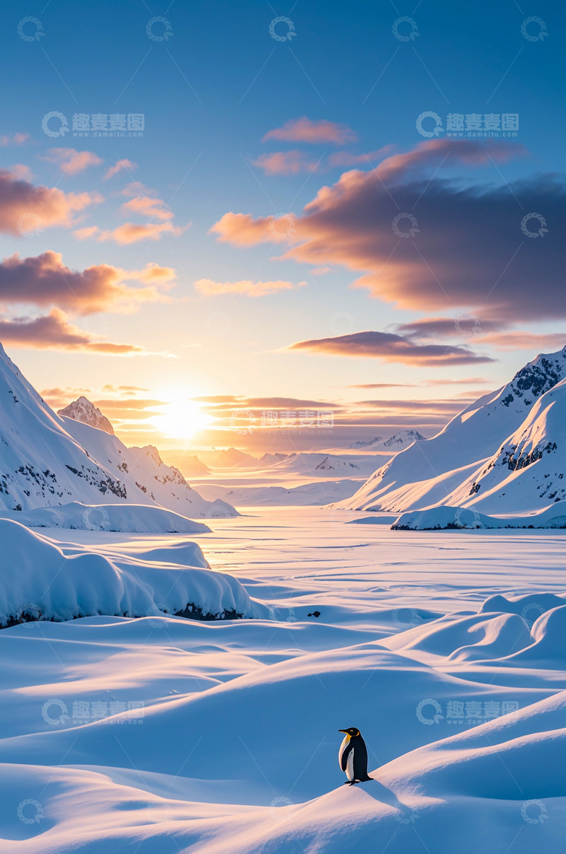 高清大图下载【趣麦麦图】冬天冬季户外蓝天白云日出雪天雪地企鹅风景