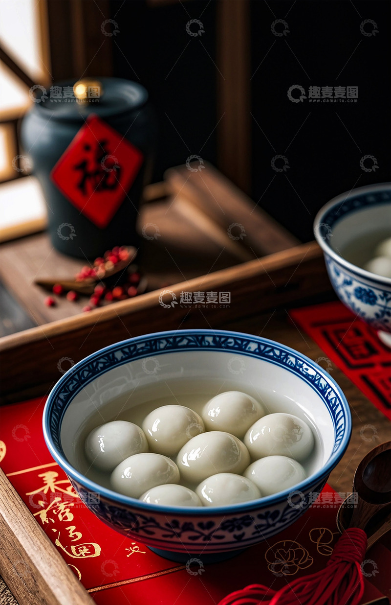 高清大图下载【趣麦麦图】新年汤圆元宵节福字室内美食