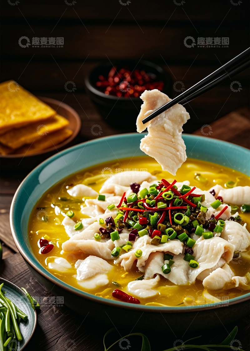 高清大图下载【趣麦麦图】新鲜美味酸菜鱼筷子夹着餐盘美食