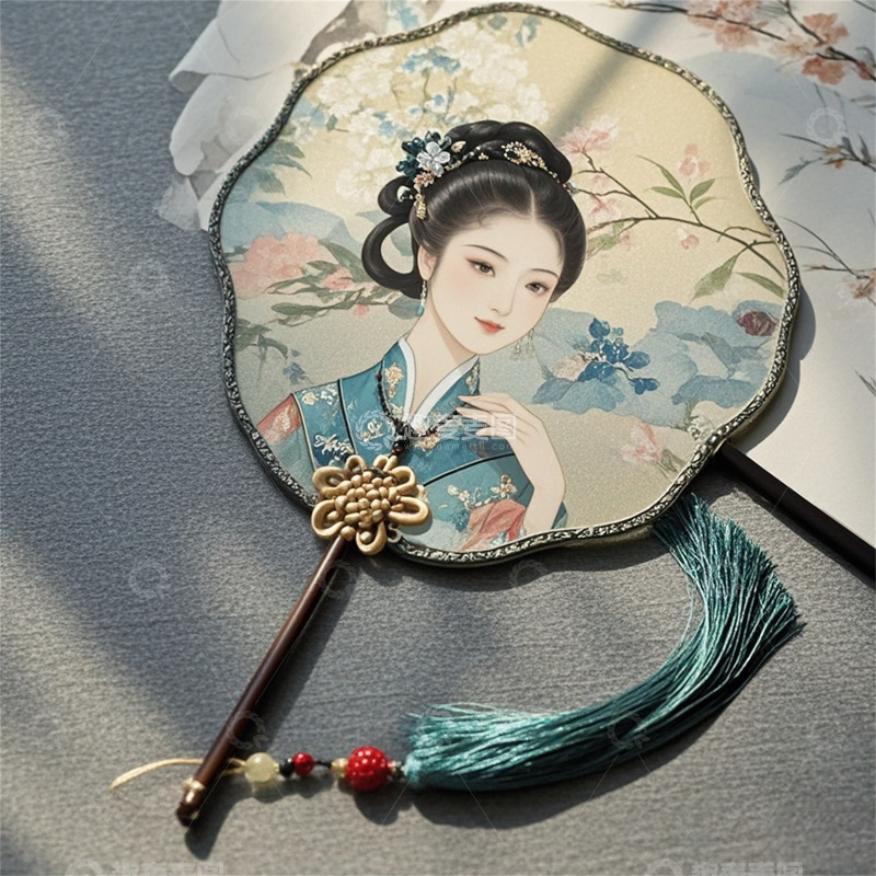 高清大图下载【趣麦麦图】古典不规则圆形扇子美女图