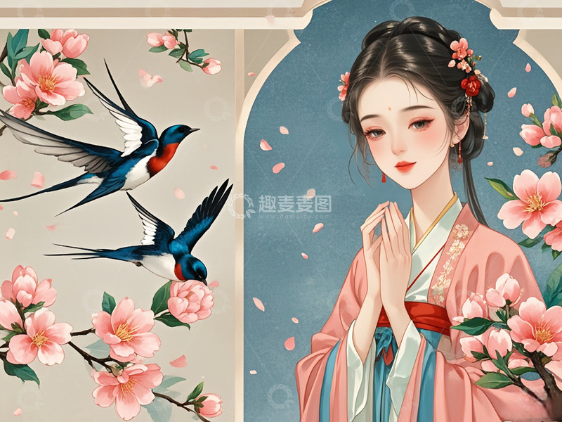 高清大图下载【趣麦麦图】中国风柔美少女燕子桃花图